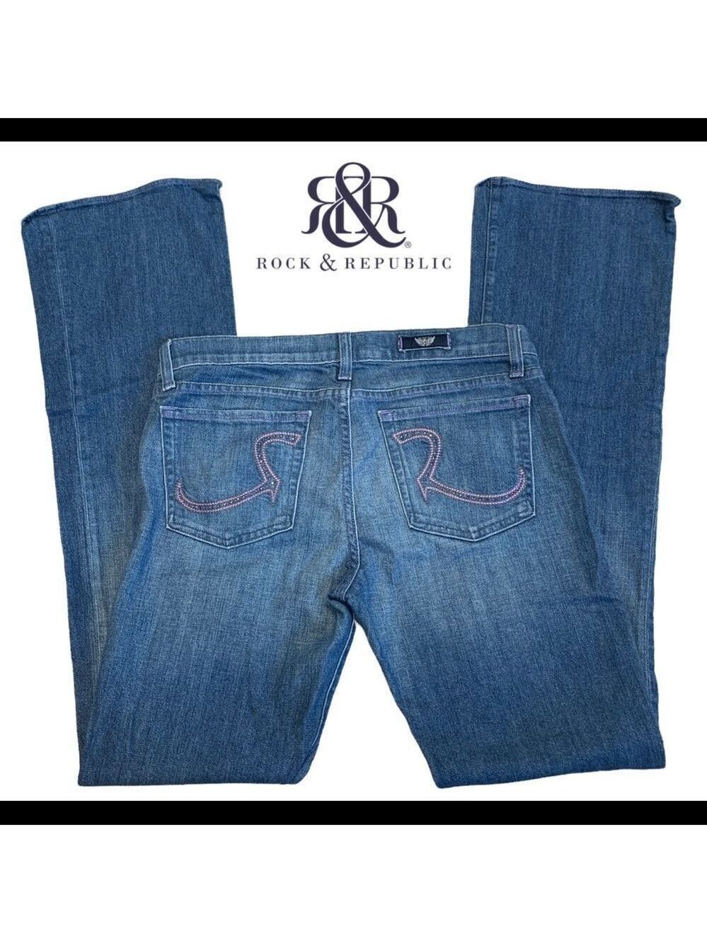 Rock & Republic denim jeans purple Crystal rhinestone pockets flare Sz 30